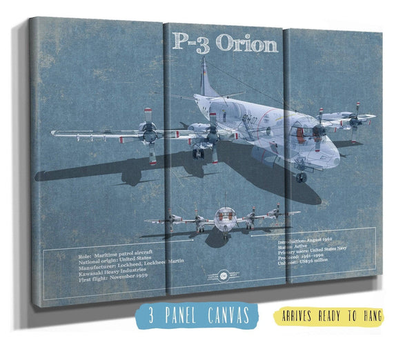 36" x 24" / 3 Panel Canvas Wrap Cutler West P-3 Orion Aircraft Blueprint Original Military Wall Art
