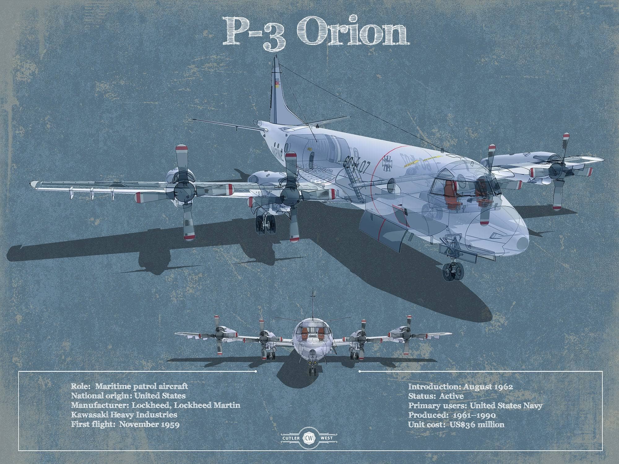 Cutler West Military Aircraft 14" x 11" / Unframed P-3 Orion Aircraft Blueprint Original Military Wall Art 789546142_69635