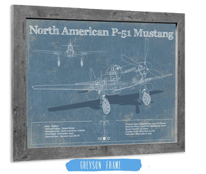 14" x 11" / Greyson Frame Cutler West P-51 Mustang Fighter Plane Aircraft Blueprint Original Military Wall Art