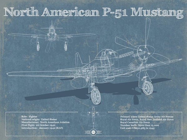 14" x 11" / Unframed Cutler West P-51 Mustang Fighter Plane Aircraft Blueprint Original Military Wall Art
