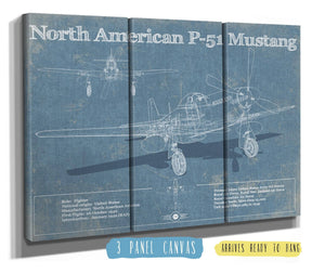 36" x 24" / 3 Panel Canvas Wrap Cutler West P-51 Mustang Fighter Plane Aircraft Blueprint Original Military Wall Art