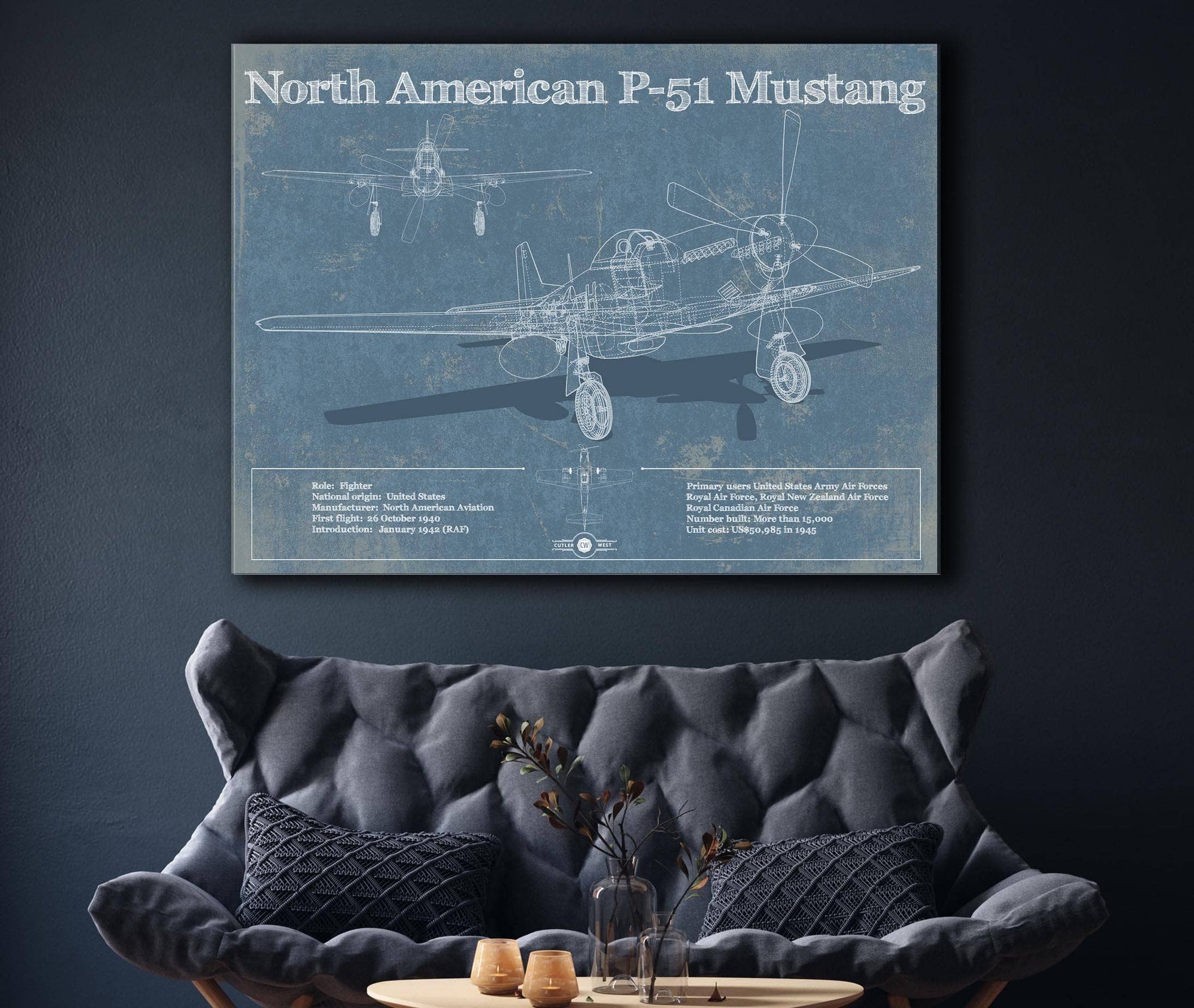 Cutler West Best Selling Collection P-51 Mustang Fighter Plane Aircraft Blueprint Original Military Wall Art