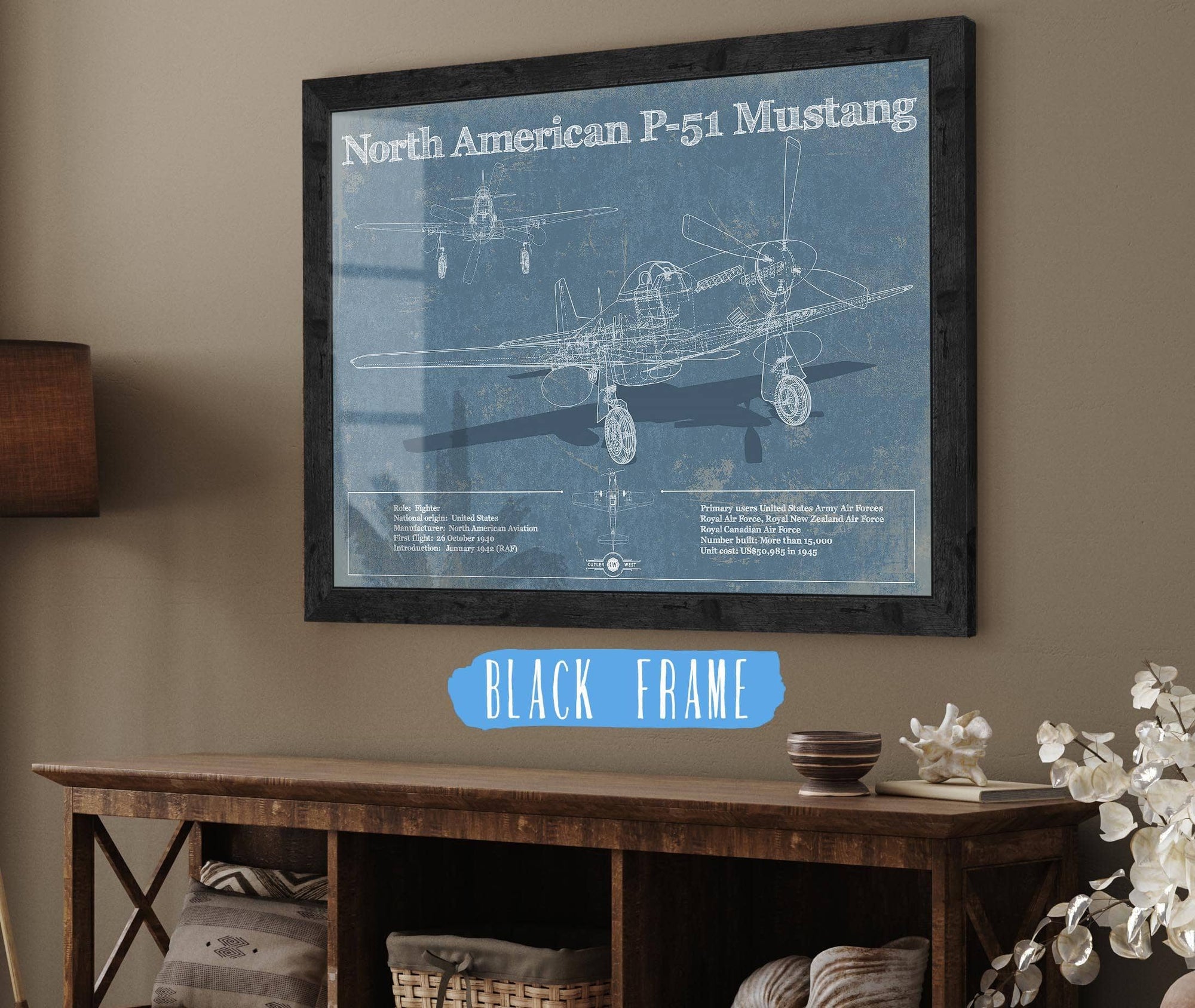 Cutler West Best Selling Collection 14" x 11" / Black Frame P-51 Mustang Fighter Plane Aircraft Blueprint Original Military Wall Art 803745759-TOP