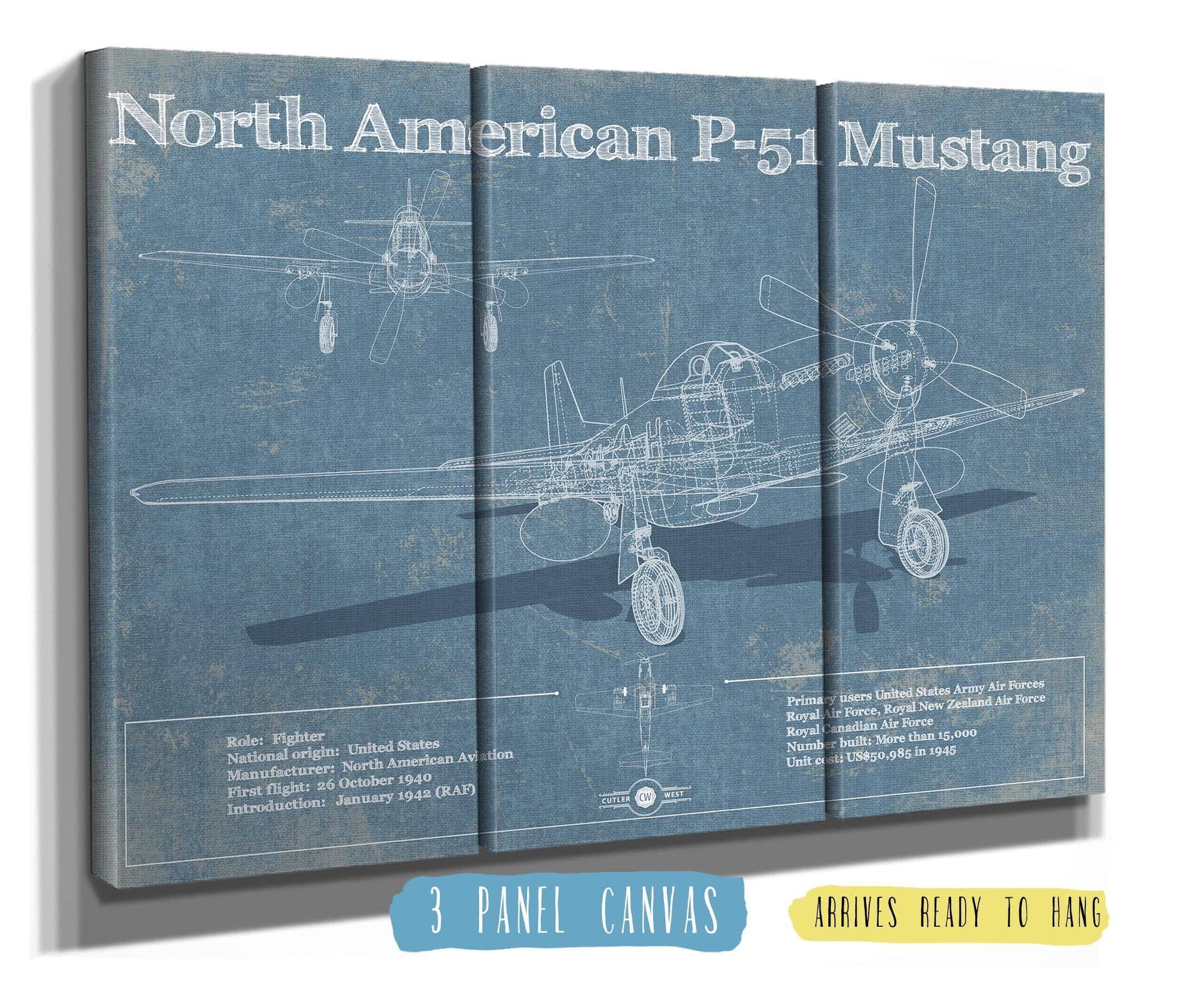 Cutler West Best Selling Collection 48" x 32" / 3 Panel Canvas Wrap P-51 Mustang Fighter Plane Aircraft Blueprint Original Military Wall Art 803745759-TOP