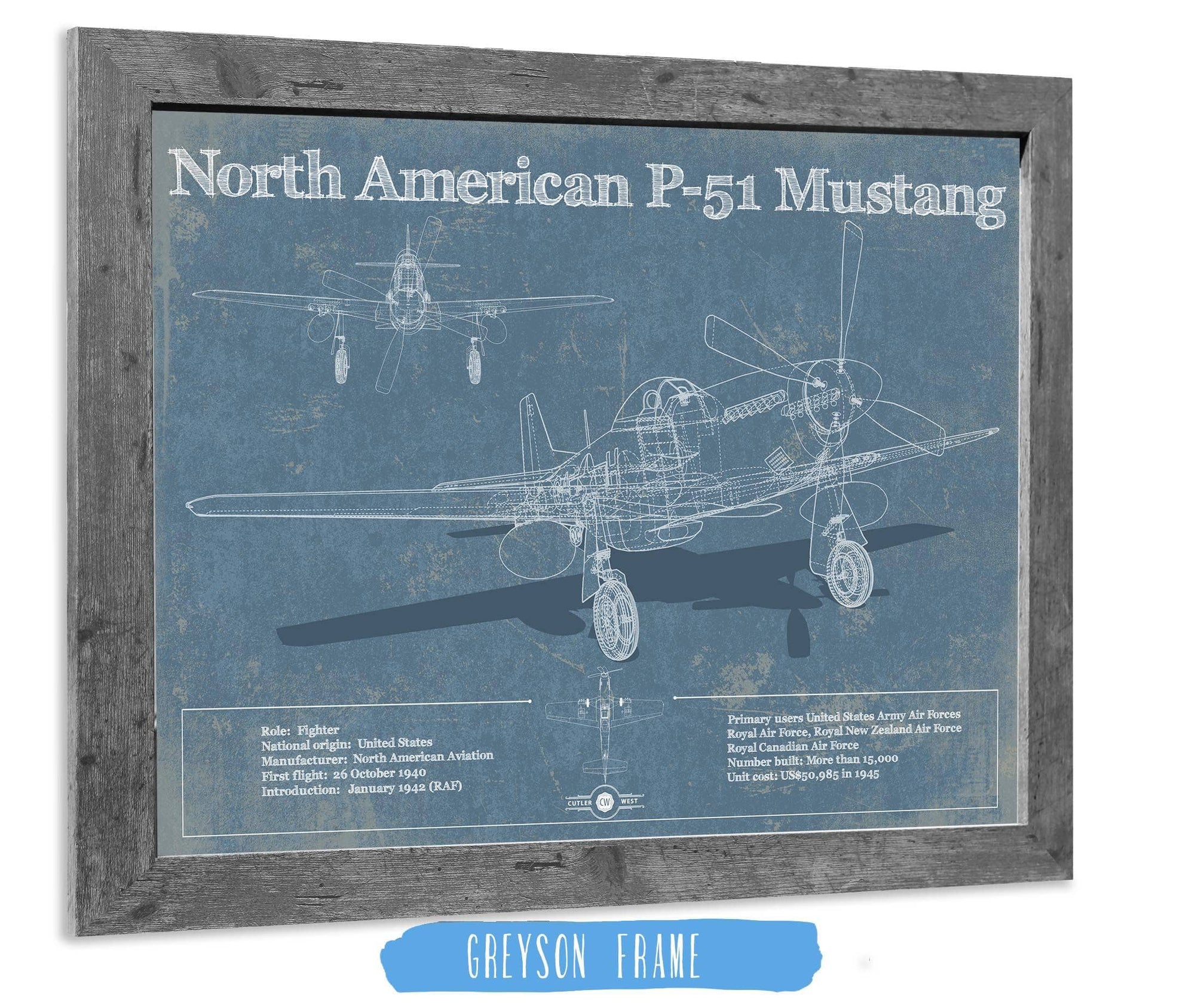 Cutler West Best Selling Collection 14" x 11" / Greyson Frame P-51 Mustang Fighter Plane Aircraft Blueprint Original Military Wall Art 803745759-TOP