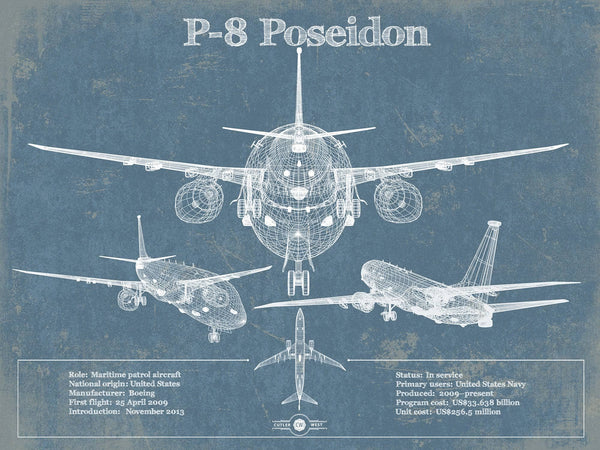 14" x 11" / Unframed Cutler West P-8 Poseidon Aircraft Blueprint Original Military Wall Art