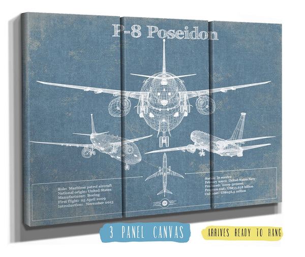 36" x 24" / 3 Panel Canvas Wrap Cutler West P-8 Poseidon Aircraft Blueprint Original Military Wall Art