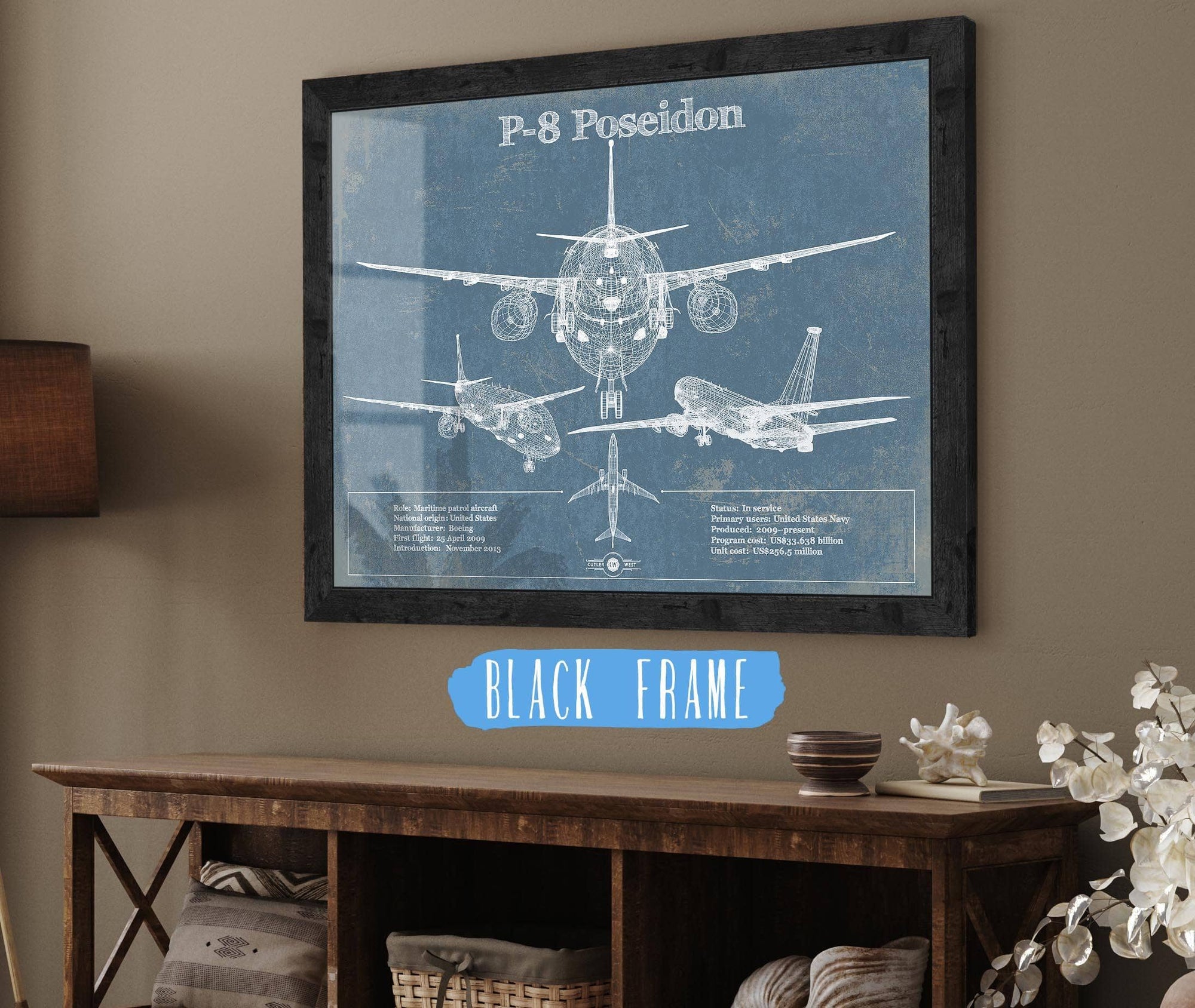 Cutler West Military Aircraft 14" x 11" / Black Frame P-8 Poseidon Aircraft Blueprint Original Military Wall Art 801226429-TOP