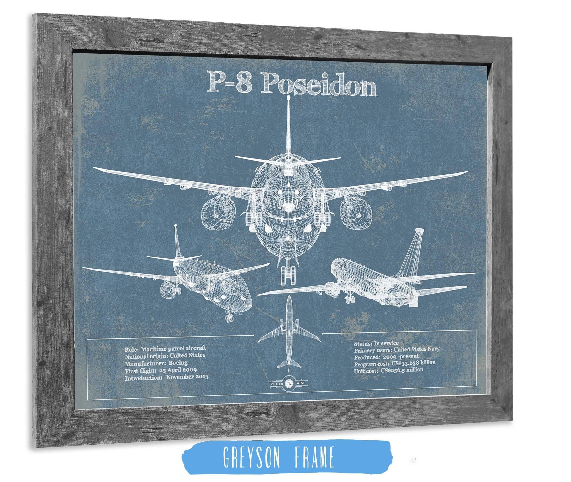 Cutler West Military Aircraft 14" x 11" / Greyson Frame P-8 Poseidon Aircraft Blueprint Original Military Wall Art 801226429-TOP