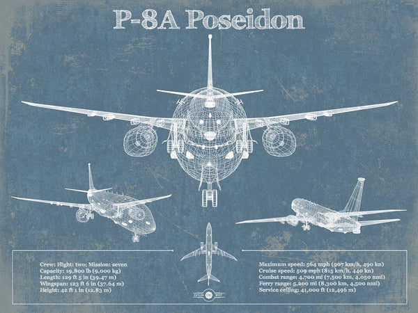 14" x 11" / Unframed Cutler West P-8A Poseidon Aircraft Blueprint Original Military Wall Art