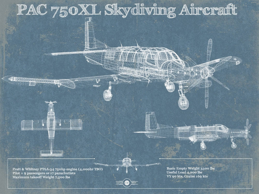 14" x 11" / Stretched Canvas Wrap Cutler West PAC 750XL Skydiving Aircraft Original Blueprint Art