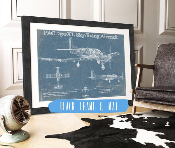 20" x 16" / Black Frame & Mat Cutler West PAC 750XL Skydiving Aircraft Original Blueprint Art