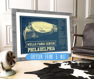 14" x 11" / Greyson Frame & Mat Cutler West Philadelphia 76ers - Wells Fargo Center Vintage Basketball Blueprint NBA Print