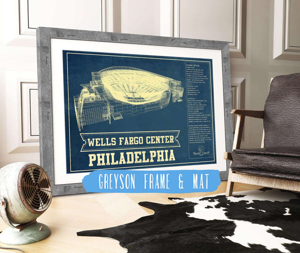 14" x 11" / Greyson Frame & Mat Cutler West Philadelphia 76ers - Wells Fargo Center Vintage Basketball Blueprint NBA Print