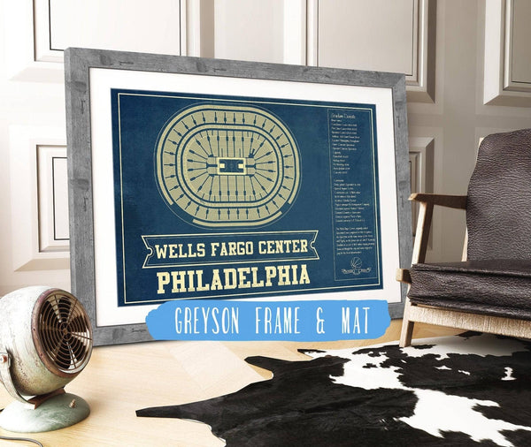 14" x 11" / Greyson Frame Mat Cutler West Philadelphia 76ers Wells Fargo Center Vintage Basketball Blueprint NBA Print