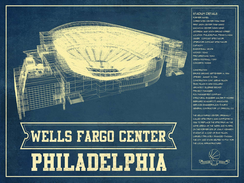 14" x 11" / Stretched Canvas Wrap Cutler West Philadelphia 76ers - Wells Fargo Center Vintage Basketball Blueprint NBA Print