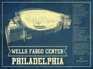 14" x 11" / Unframed Cutler West Philadelphia 76ers - Wells Fargo Center Vintage Basketball Blueprint NBA Print
