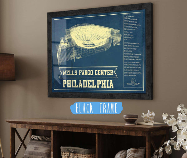 20" x 16" / Black Frame Cutler West Philadelphia 76ers - Wells Fargo Center Vintage Basketball Blueprint NBA Print