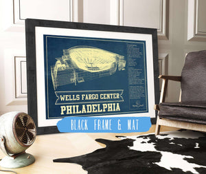 20" x 16" / Black Frame & Mat Cutler West Philadelphia 76ers - Wells Fargo Center Vintage Basketball Blueprint NBA Print