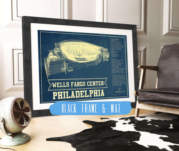 20" x 16" / Black Frame & Mat Cutler West Philadelphia 76ers - Wells Fargo Center Vintage Basketball Blueprint NBA Print