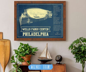 20" x 16" / Walnut Frame Cutler West Philadelphia 76ers - Wells Fargo Center Vintage Basketball Blueprint NBA Print