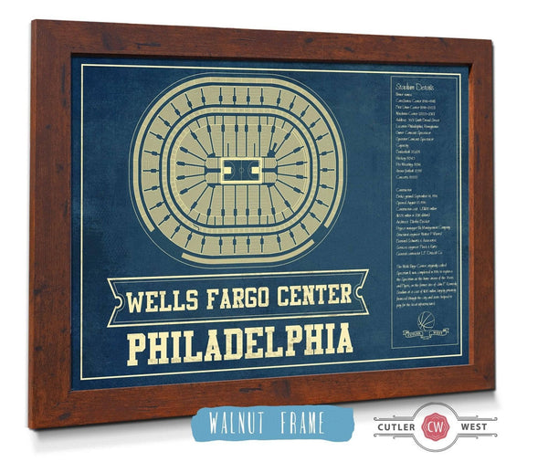 20" x 16" / Walnut Frame Cutler West Philadelphia 76ers Wells Fargo Center Vintage Basketball Blueprint NBA Print
