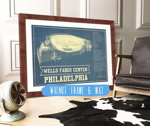 20" x 16" / Walnut Frame & Mat Cutler West Philadelphia 76ers - Wells Fargo Center Vintage Basketball Blueprint NBA Print