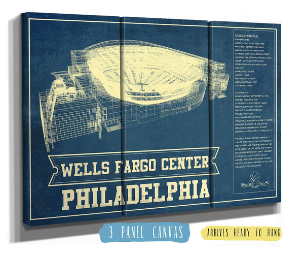 36" x 24" / 3 Panel Canvas Wrap Cutler West Philadelphia 76ers - Wells Fargo Center Vintage Basketball Blueprint NBA Print
