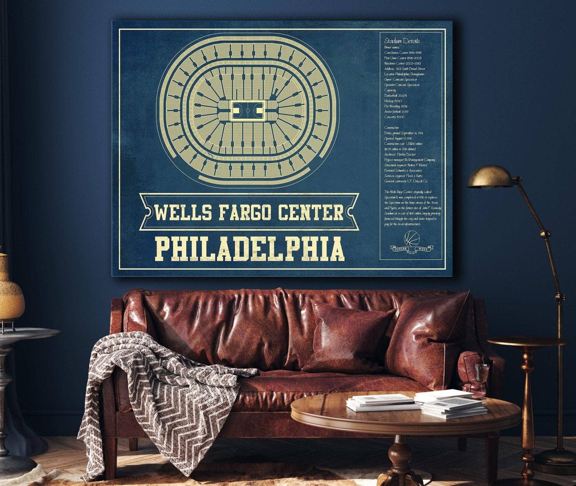 Cutler West Basketball Collection Philadelphia 76ers Wells Fargo Center Vintage Basketball Blueprint NBA Print