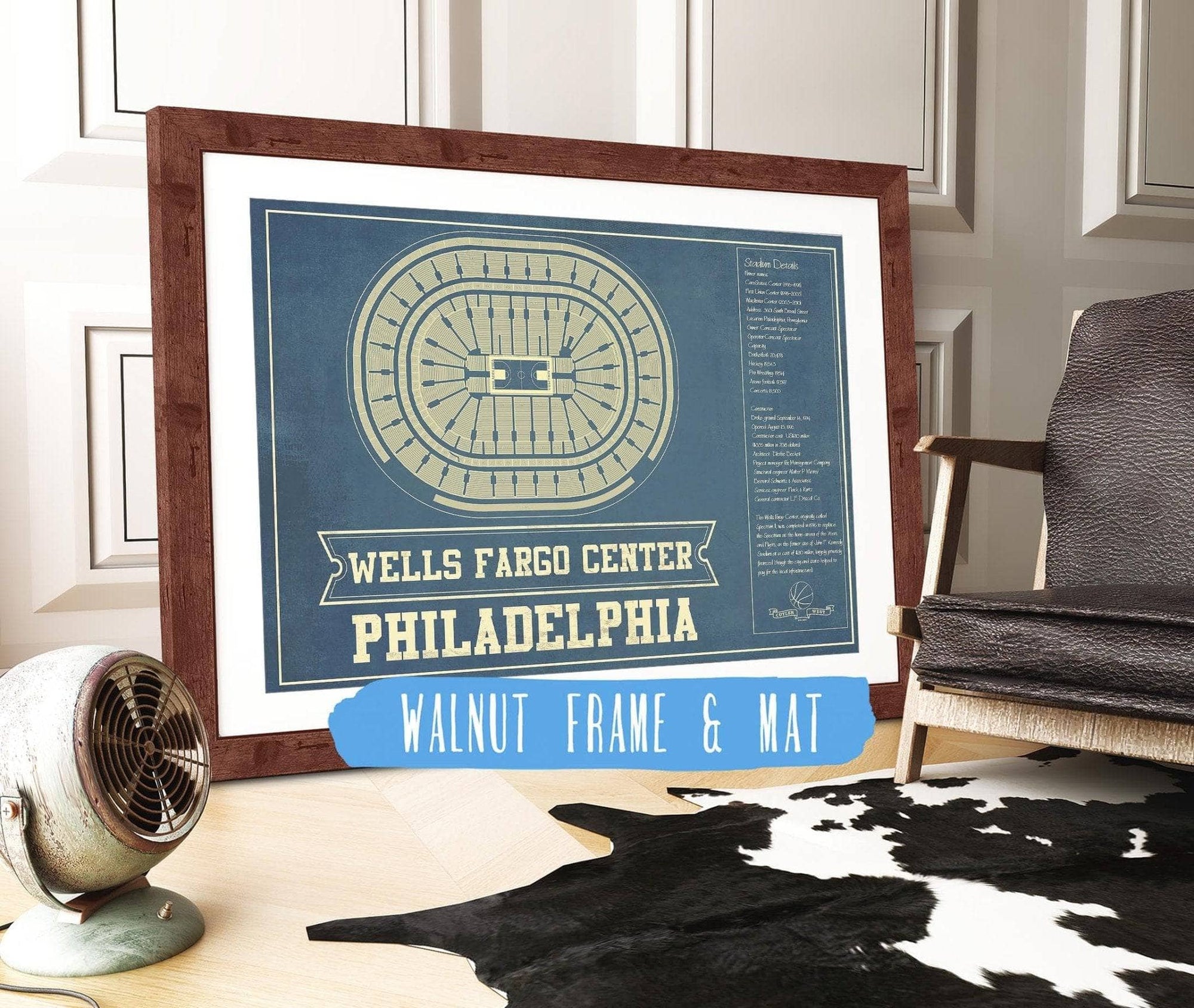 Cutler West Basketball Collection 14" x 11" / Walnut Frame Mat Philadelphia 76ers Wells Fargo Center Vintage Basketball Blueprint NBA Print 933350172_77359