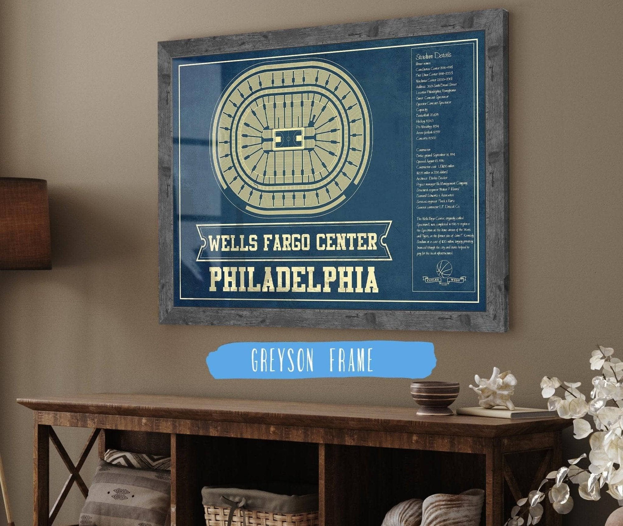 Cutler West Basketball Collection Philadelphia 76ers Wells Fargo Center Vintage Basketball Blueprint NBA Print