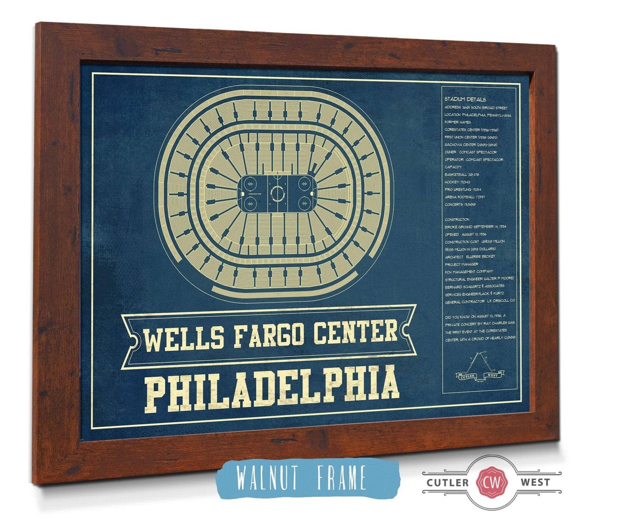 Cutler West 14" x 11" / Walnut Frame Philadelphia Flyers Wells Fargo Center Philadelphia Seating Chart - Vintage Hockey Team Color Print 673824383_80723