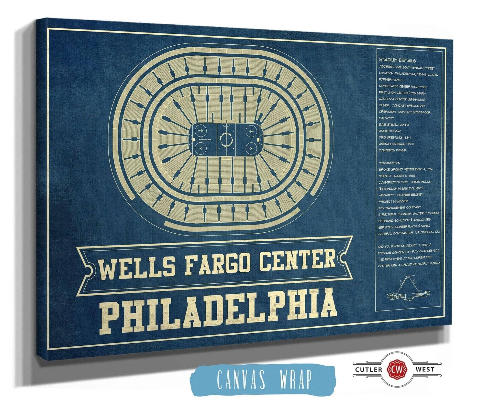 Cutler West 14" x 11" / Stretched Canvas Wrap Philadelphia Flyers Wells Fargo Center Philadelphia Seating Chart - Vintage Hockey Team Color Print 673824383_80725