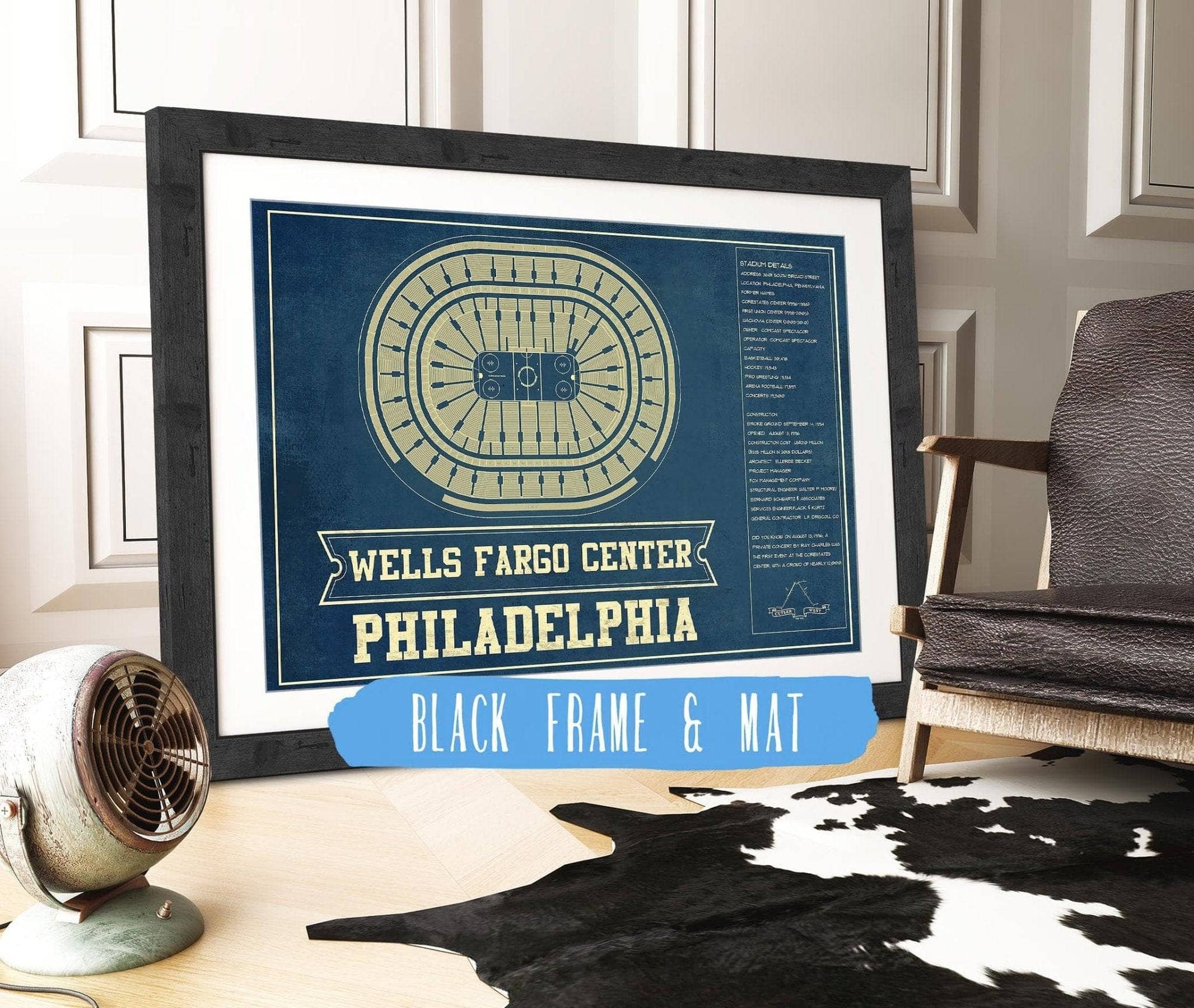Cutler West 14" x 11" / Black Frame & Mat Philadelphia Flyers Wells Fargo Center Philadelphia Seating Chart - Vintage Hockey Team Color Print 673824383_80722