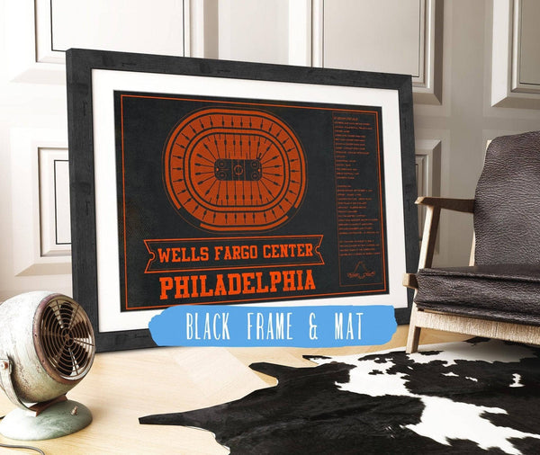 20" x 16" / Black Frame & Mat Cutler West Philadelphia Flyers Wells Fargo Center Philadelphia Seating Chart - Vintage Hockey Team Color Print