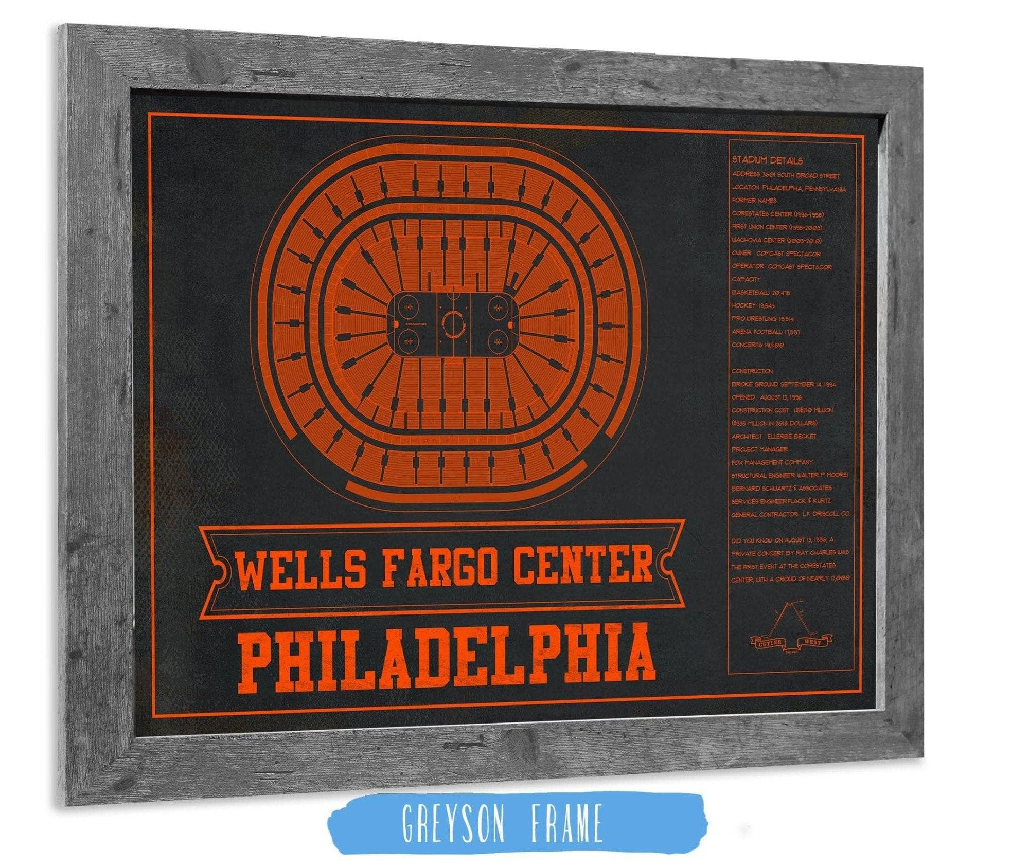 Cutler West 14" x 11" / Greyson Frame Philadelphia Flyers Wells Fargo Center Philadelphia Seating Chart - Vintage Hockey Team Color Print 944343983-TOP-14"-x-11"80793