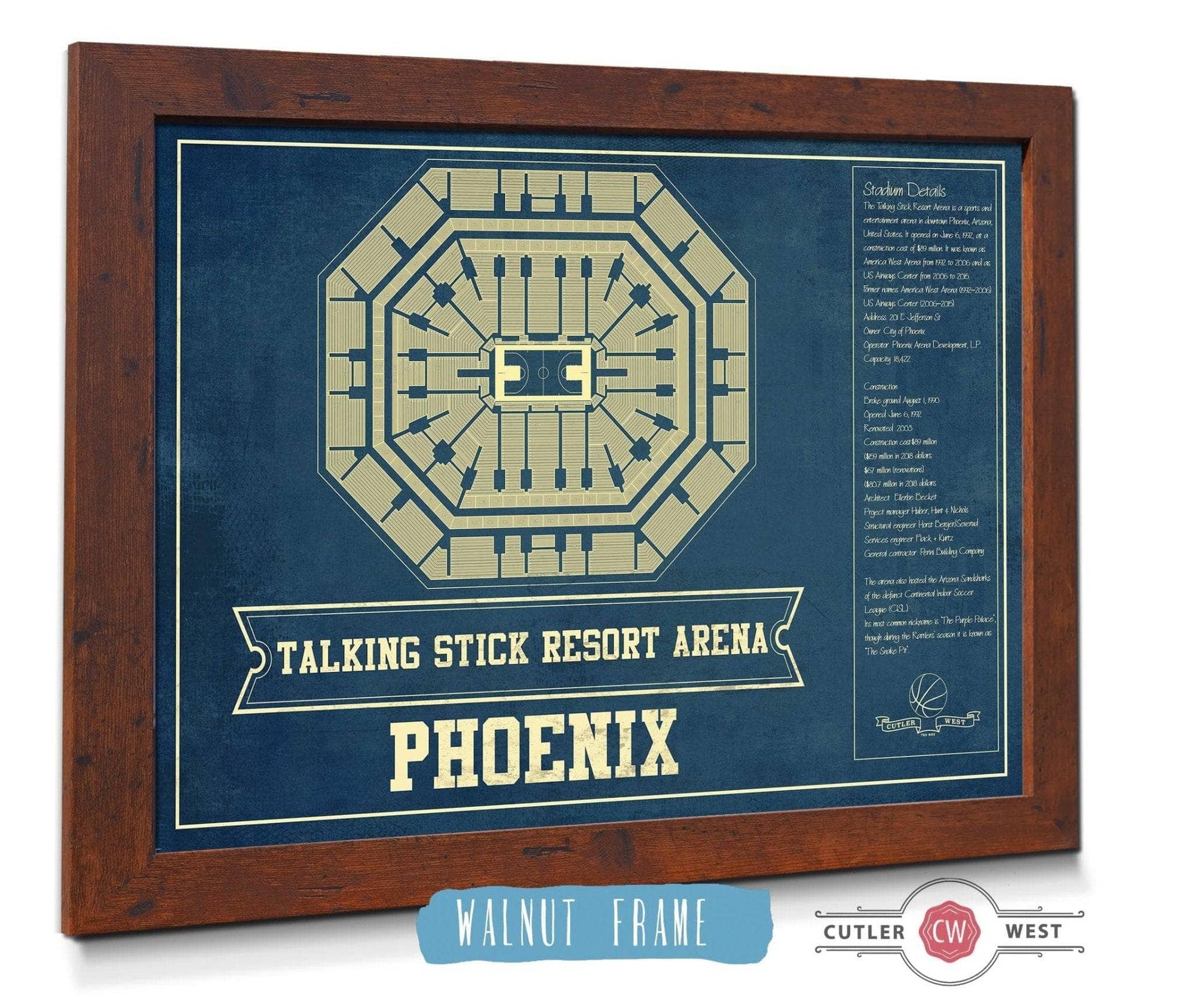 Cutler West Basketball Collection 20" x 16" / Walnut Frame Phoenix Suns Talking Stick Resort Arena Vintage Basketball Blueprint NBA Print 933350173_77435