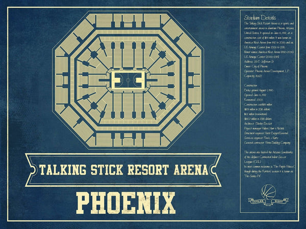 14" x 11" / Unframed Cutler West Phoenix Suns Talking Stick Resort Arena Vintage Basketball Blueprint NBA Print
