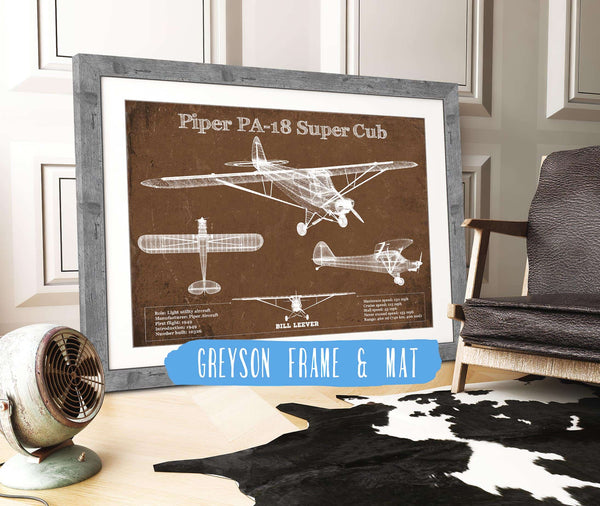 14" x 11" / Greyson Frame & Mat Cutler West Piper PA-18 Super Cub Original Blueprint Art