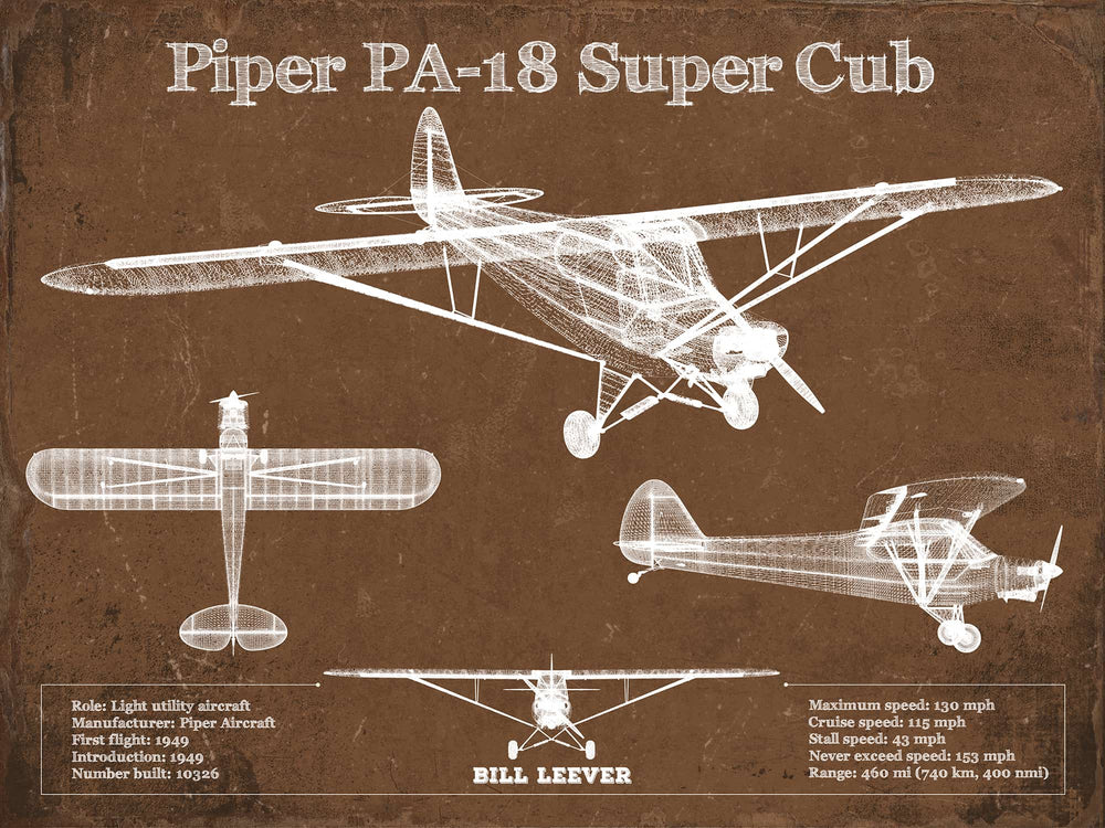 14" x 11" / Stretched Canvas Wrap Cutler West Piper PA-18 Super Cub Original Blueprint Art