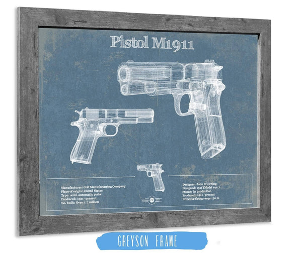 14" x 11" / Greyson Frame Cutler West Pistol M1911 Blueprint Vintage Gun Print