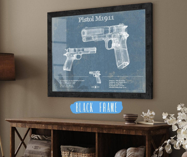 20" x 16" / Black Frame Cutler West Pistol M1911 Blueprint Vintage Gun Print