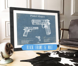 20" x 16" / Black Frame & Mat Cutler West Pistol M1911 Blueprint Vintage Gun Print