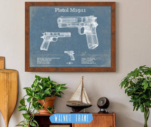 20" x 16" / Walnut Frame Cutler West Pistol M1911 Blueprint Vintage Gun Print