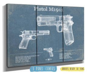 36" x 24" / 3 Panel Canvas Wrap Cutler West Pistol M1911 Blueprint Vintage Gun Print