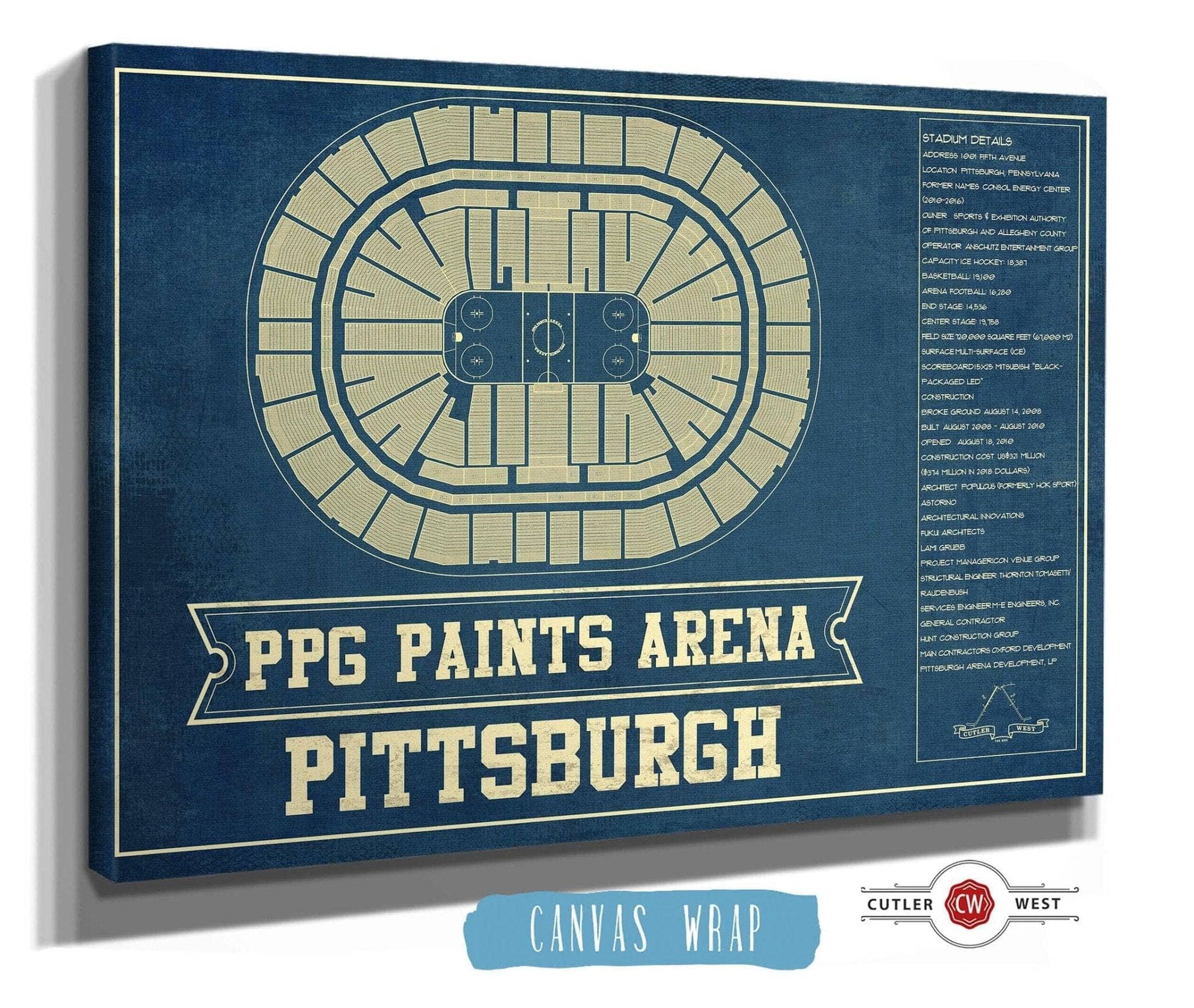 Cutler West 14" x 11" / Stretched Canvas Wrap Pittsburgh Penguins PPG Paints Arena Seating Chart - Vintage Hockey Print 659983736_80857