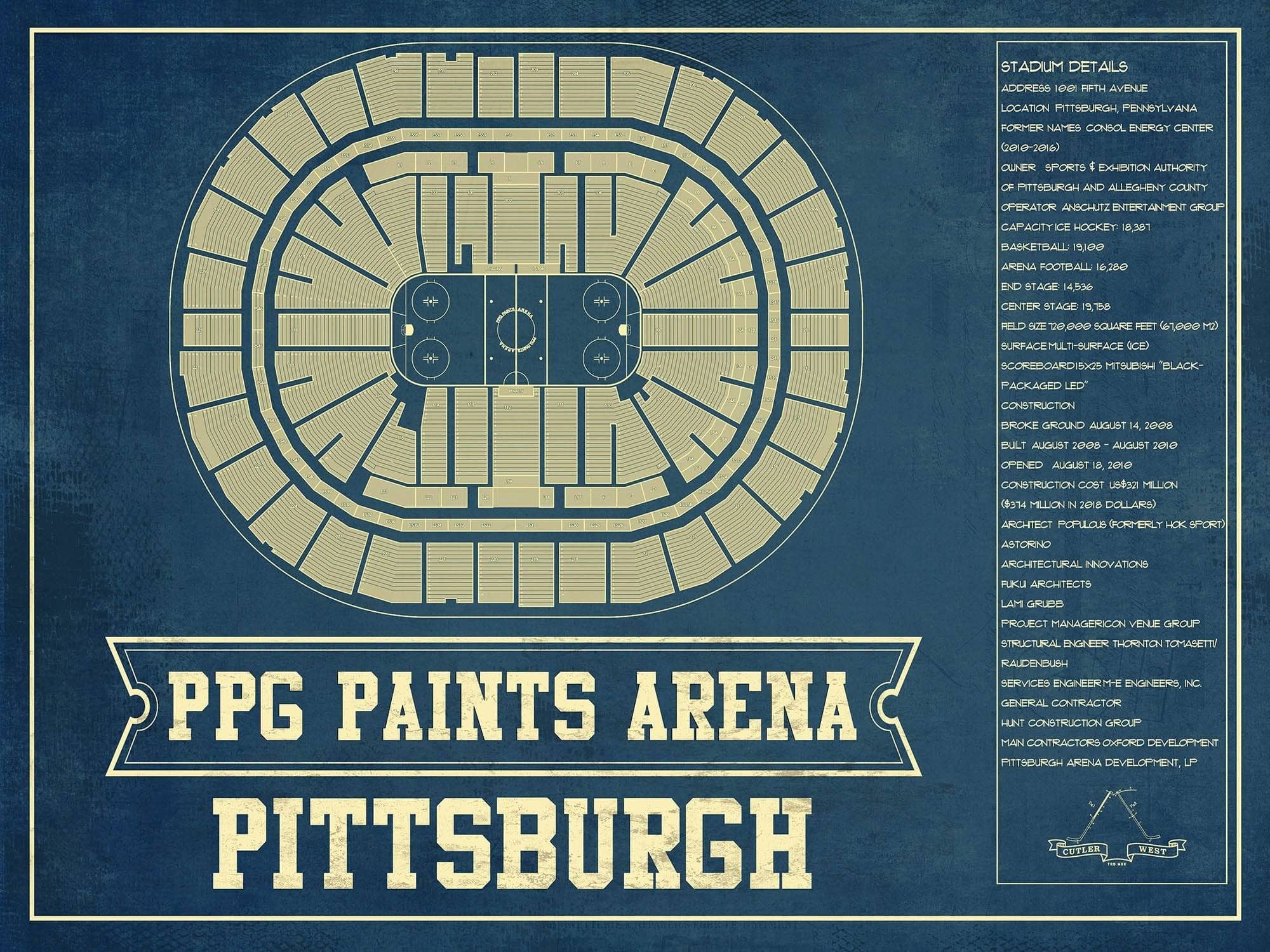 Cutler West 14" x 11" / Unframed Pittsburgh Penguins PPG Paints Arena Seating Chart - Vintage Hockey Print 659983736_80852