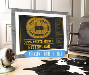 14" x 11" / Greyson Frame & Mat Cutler West Pittsburgh Penguins PPG Paints Arena Seating Chart - Vintage Hockey Team Color Print