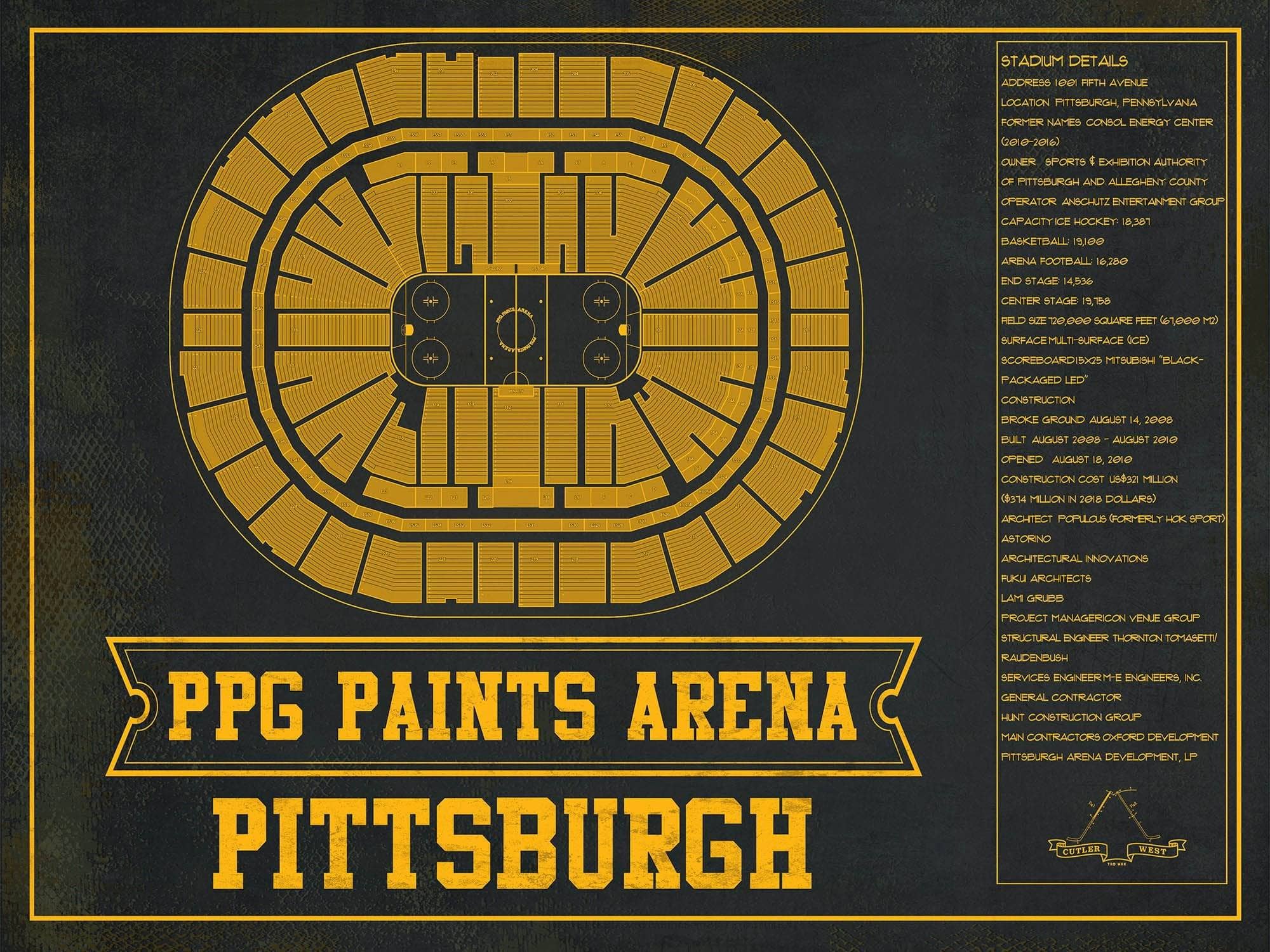 Pittsburgh Penguins PPG Paints Arena Seating Chart - Vintage Hockey Team  Color Art by Cutler West, image size:2000x1500