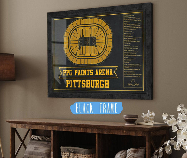 20" x 16" / Black Frame Cutler West Pittsburgh Penguins PPG Paints Arena Seating Chart - Vintage Hockey Team Color Print